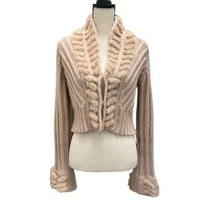 ROBERTO CAVALLI CREAM CASHMERE CROPPED CHUNKY KNIT SWEATER WITH FUR TRIM